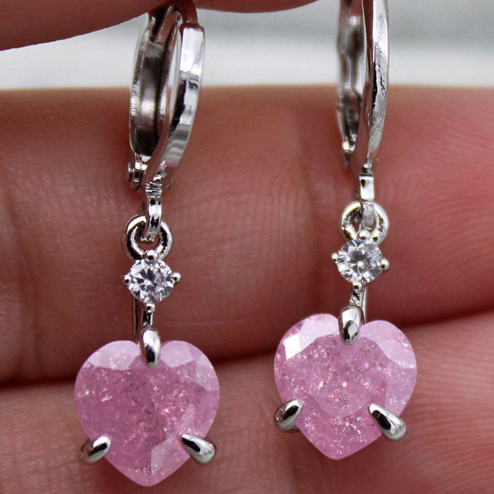 18K White Gold Filled Pink Cherry Heart Diamond Zircon Dangle Earrings 1.71ctw - Picture 1 of 3